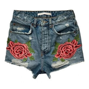 ZARA Trafaluc Denimwear‎ Shorts Rose Applique sz 0 Distressed Cut-off Button Fly